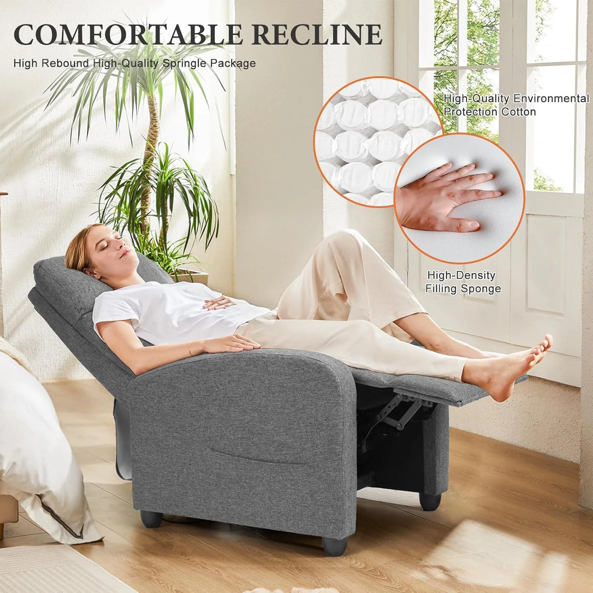 Sweetcrispy Massage Recliner Chair for Adults, Adjustable Home Theater Seating with Lumbar Support for Living Room, Modern Fabric Reclining, Light Grey