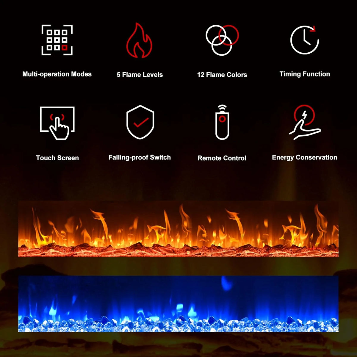 EUHOMY 50 Inch Electric Fireplace Wall Recessed and Wall Mounted with Adjustable Flame Color, Fireplace Heater with Remote Control, Linear Fireplace with Timer, Touch Screen, Log & Crystal, 750/1500W