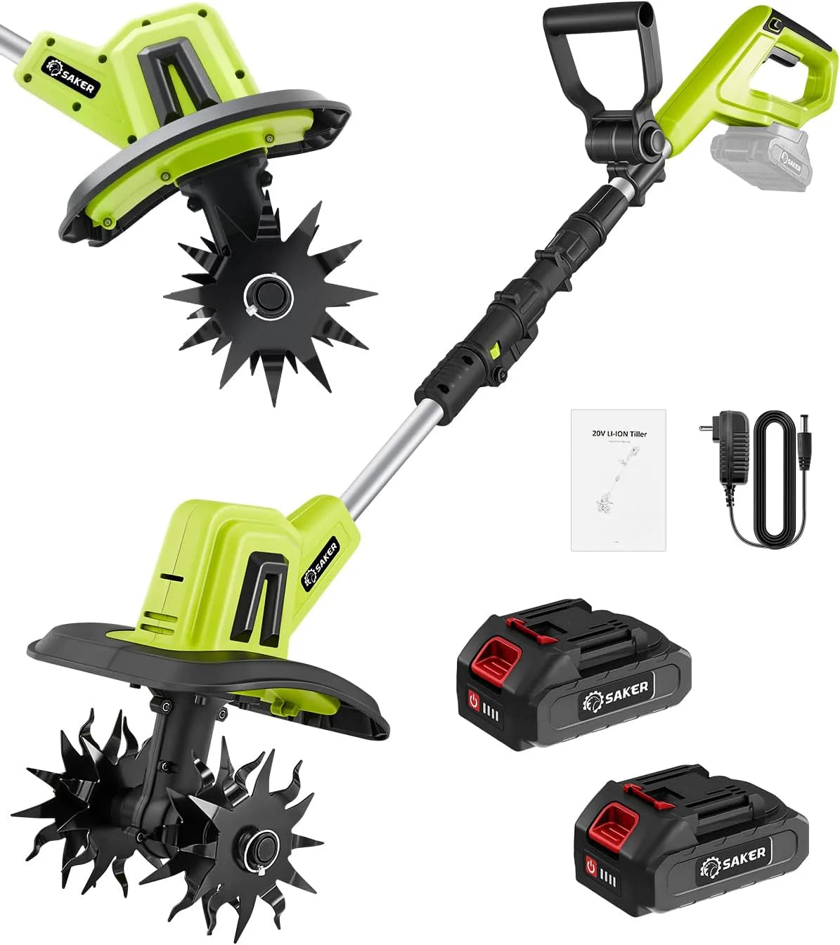 Saker 22V Cordless Electric Garden Tiller Cultivator, Lightweight Rototiller for Gardening, 9-Inch Tilling Width, 6.3-Inch Depth for Soil Preparation, Weeding, and Gardening 2 Batteries SK-TC18B