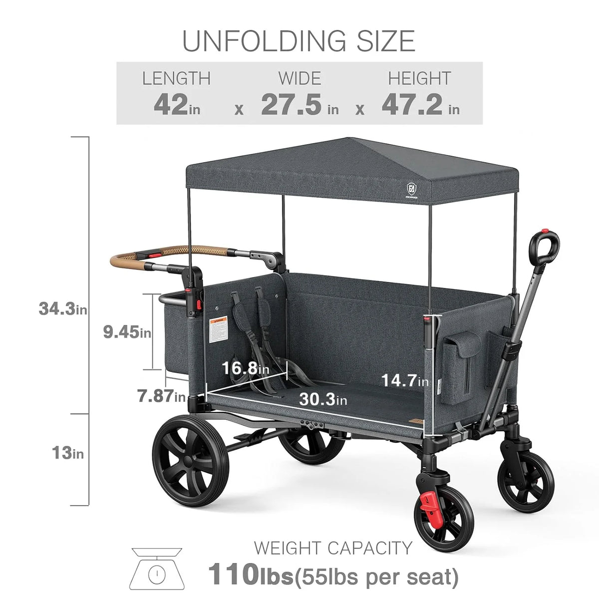 EVER ADVANCED Side-unzip Wagon Stroller for 2 Kids, Push Pull Stroller with Adjustable Handle, Easy Access Front Zipper Door, 5-Point Harness Removable UV-Protection Canopy Shock-Absorbing Wheels,Grey
