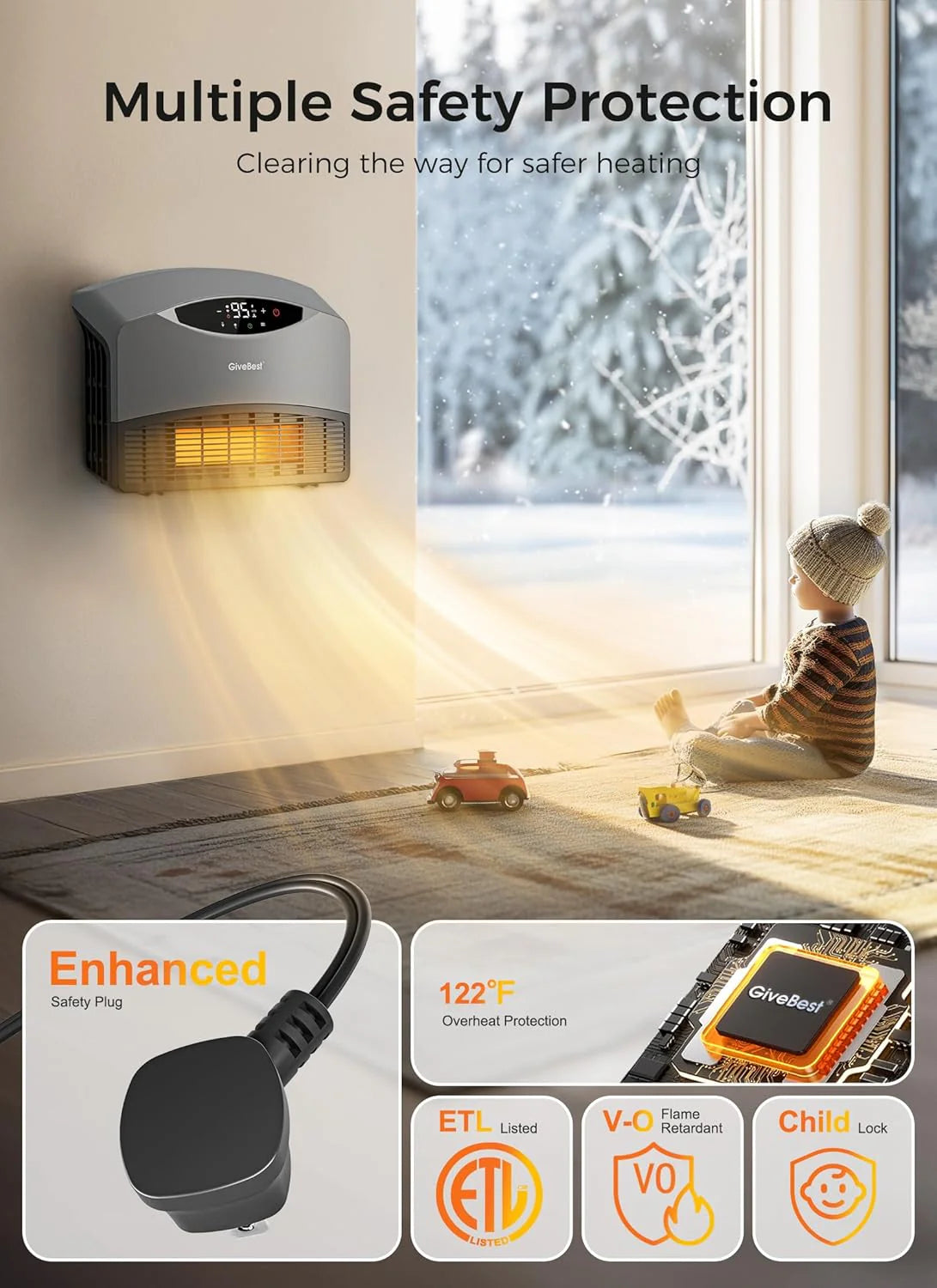 Wall mounted electric heater with WiFi and remote control, floor standing heater 1500W fast coverage for large rooms