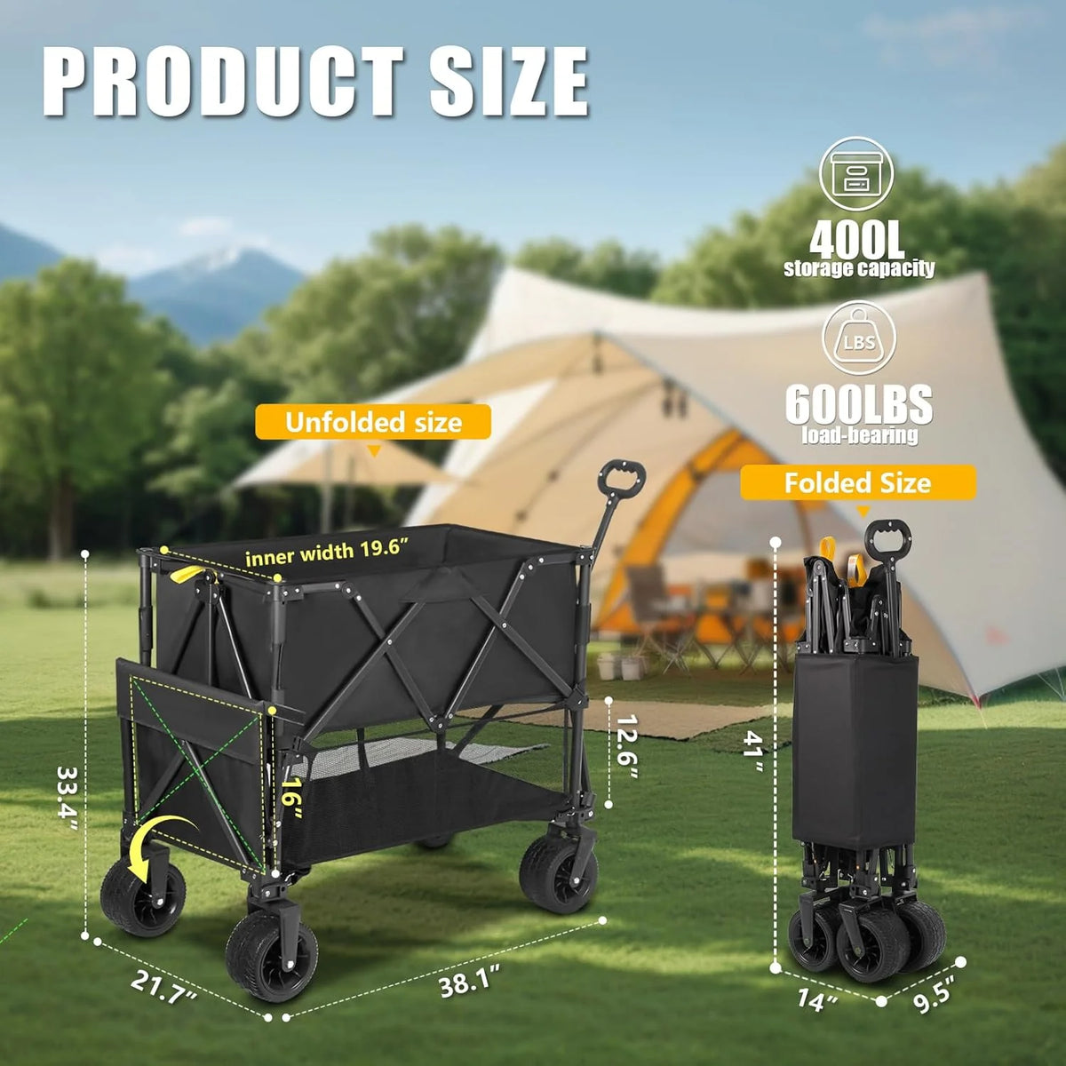 Double Decker Wagon Heavy Duty Collapsible, 600LBS 400L Capacity Foldable Utility Cart with Big Wheels