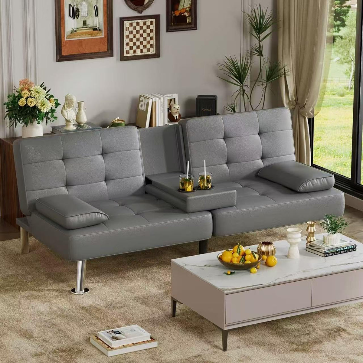 Homall Futon Sofa Bed Leather Futon Couch with Armrests Adjustable Recliner Sleeper Sofa Bed