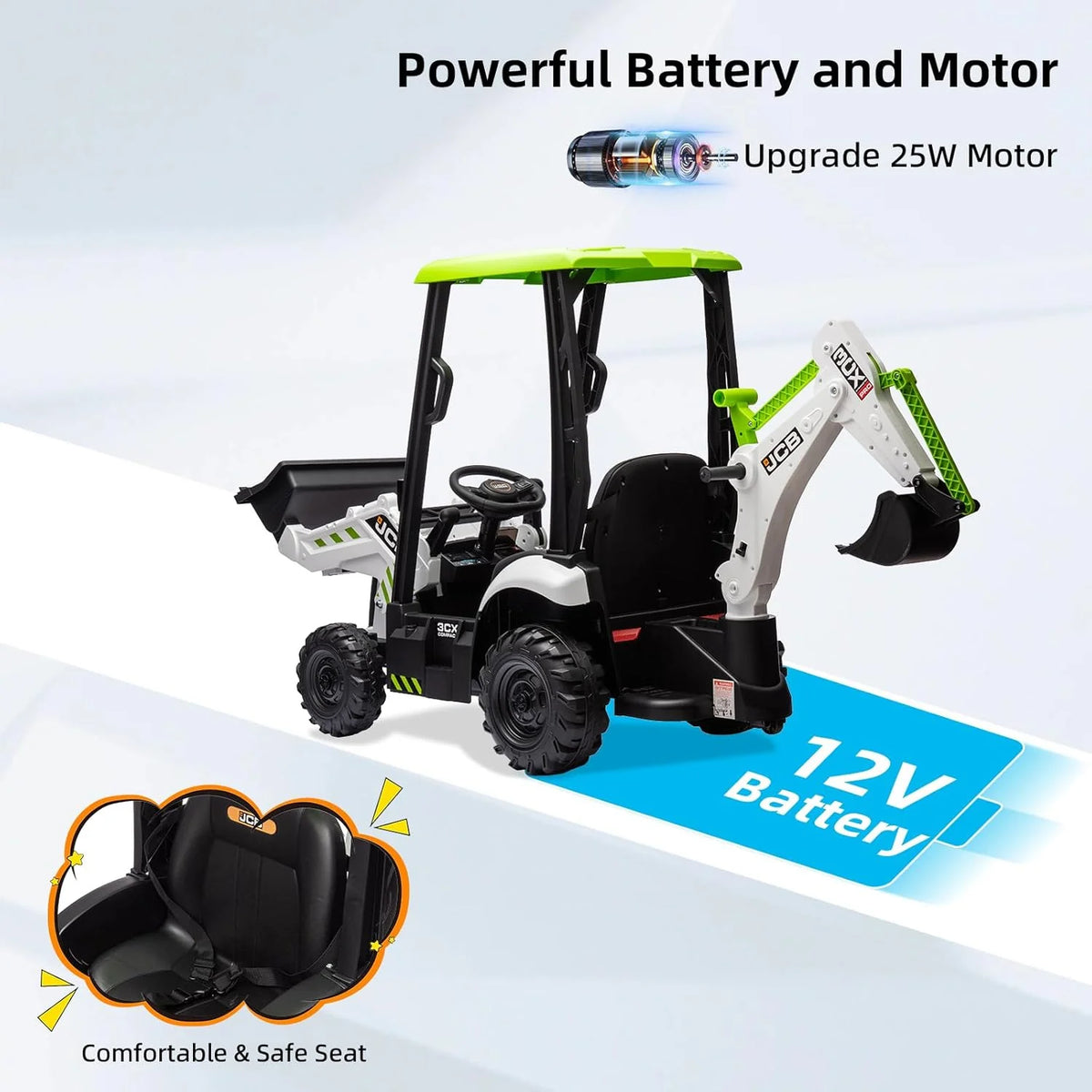 12V JCB Ride On Excavator, Ride on Toys for Kids 4-8, Electric Car for Kids with Tractor, Bulldozer, Digging Arm, Backhoe Toy Car with Slow Start/Stop, Adjustable Speeds