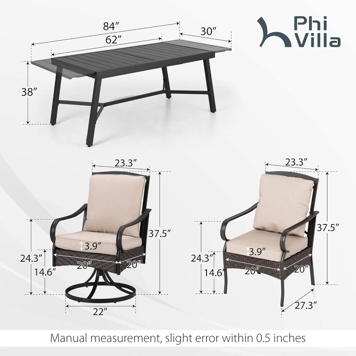 PHI VILLA 6-Piece Outdoor Dining Sets, All-Weather Patio Table and Chairs Set with Umbrella for 4, Heavy Duty Patio Round Table Set for Deck, 4 Extra Large Outdoor Swivel Chairs with Thick Cushions