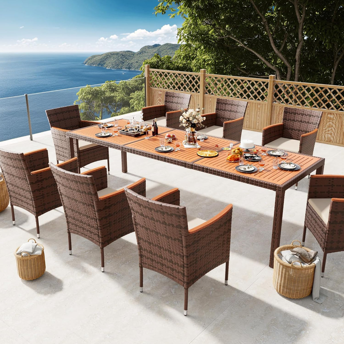 Devoko Dining 7 PCS Furniture, Patio Conversation Set with Acacia Wood Table Top, Rattan Outdoor, Black