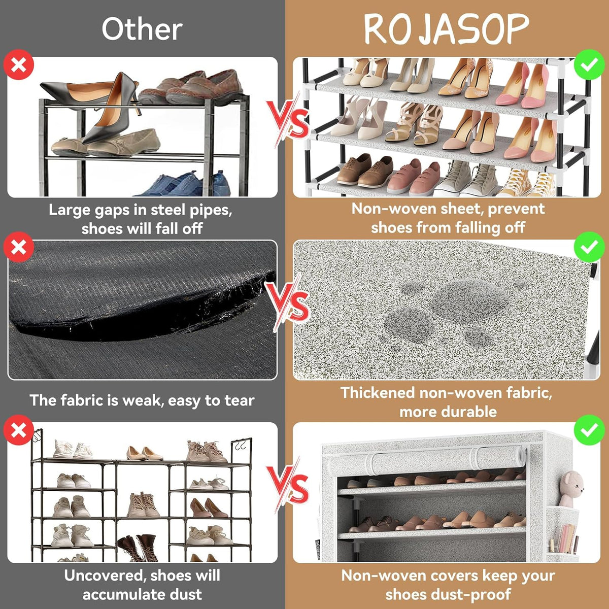 ROJASOP 10 Tier Shoe Rack with Covers Large Capacity Stackable Tall Shoe Shelf Storage