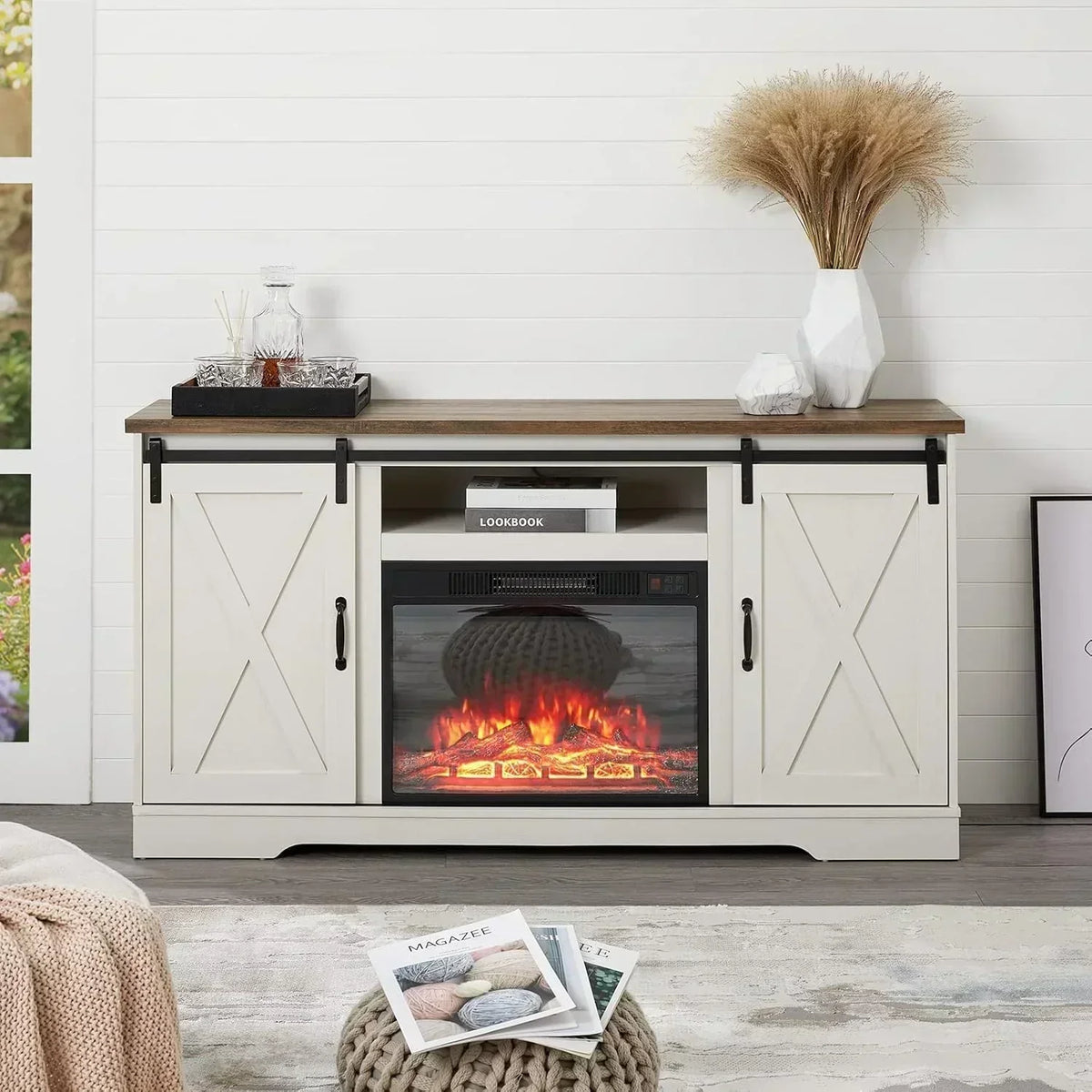 AMERLIFE Fireplace TV Stand with Sliding Barn Door  Farmhouse 63 Fireplace Entertainment Center