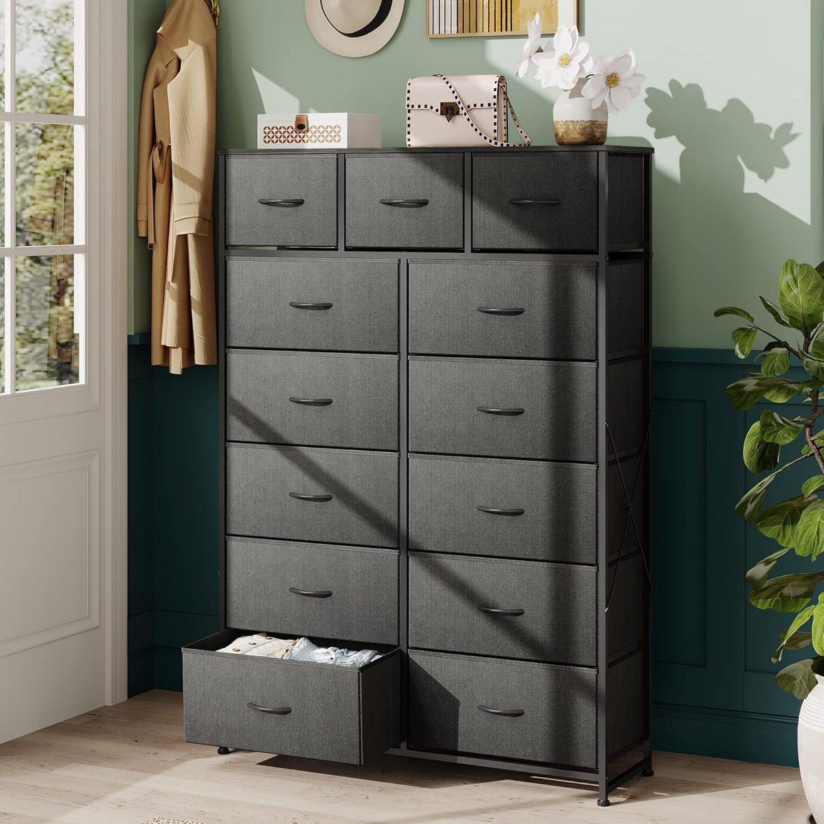 WLIVE Storage Organizer Unit with 13 Fabric Bins, Storage Drawers Organizer with Steel Frame, Tall Storage Tower Organizaton for Living Room, Hallway, Office, Charcoal Black