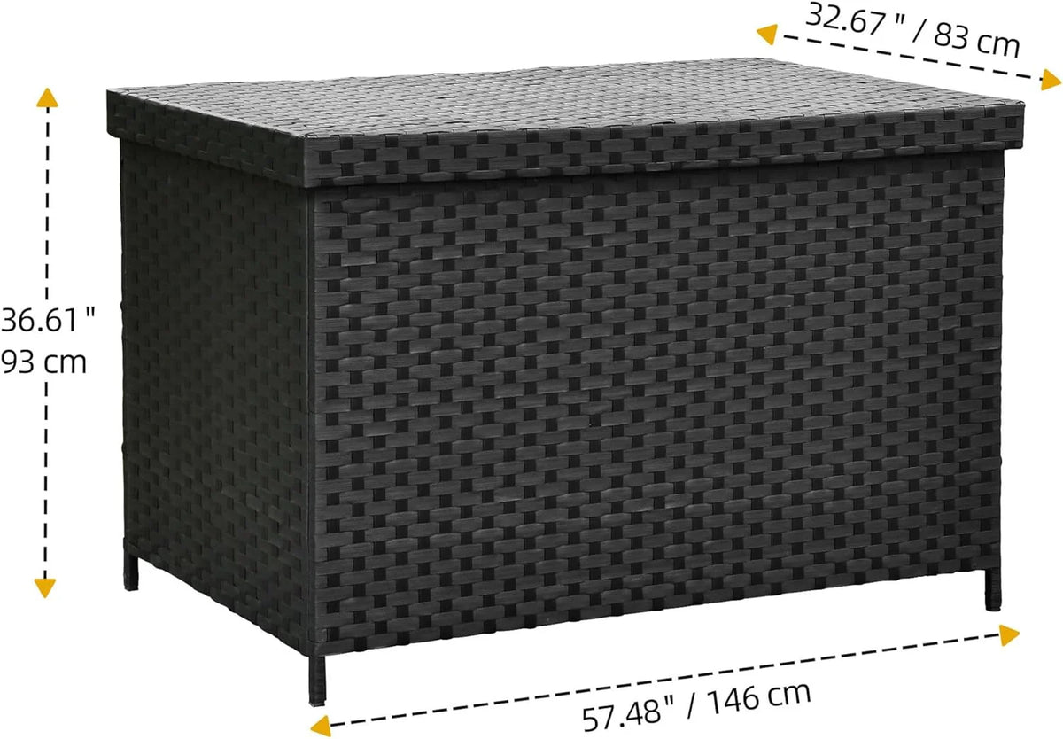 DWVO 70Gal Outdoor Storage Bench with Cushion & Composite Wood Backrest, All-Weather Wicker Deck Bench with Rustproof Bag, Poolside, Patio, Garden (Sand Beige)