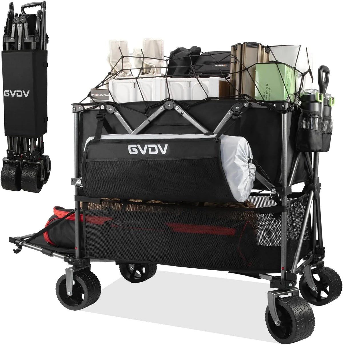 Double-decker cart, 500 lb capacity, 400 liter foldable cart, all-terrain wheels, 46 extra-long extension cart, foldable cart