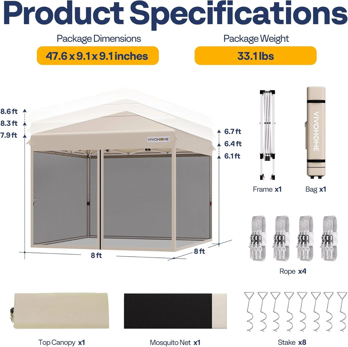 10x10ft Easy Pop-Up Canopy, Outdoor Screen Tent with Mosquito Netting, 2 Zipper Doors, and Roller Bag for Yard Camping Picnic Party Events, Beige