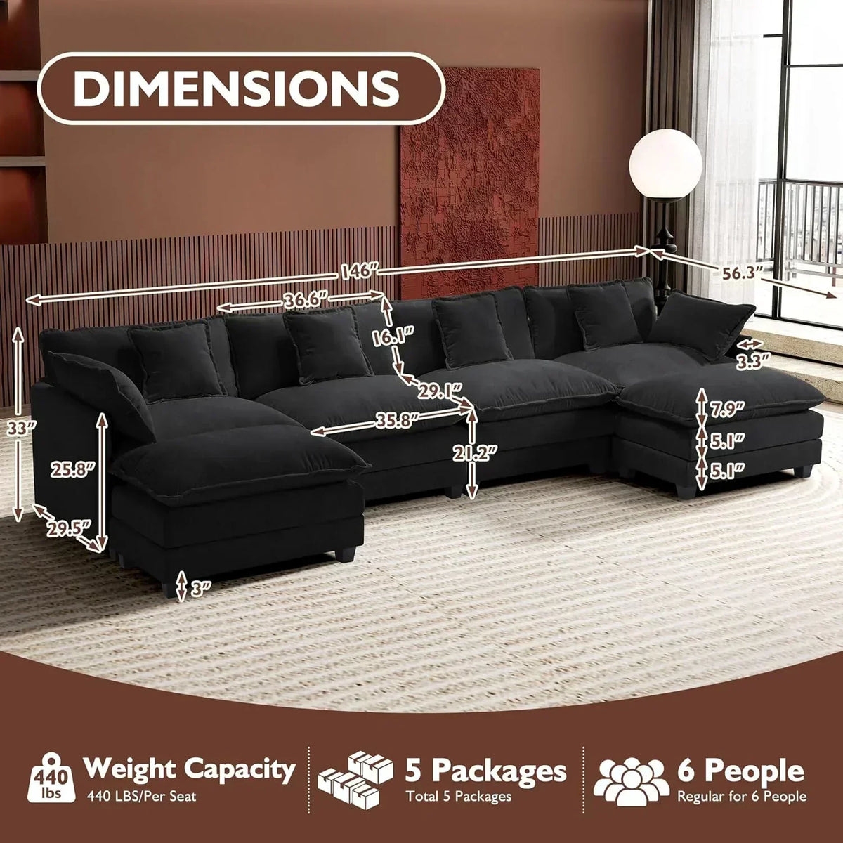 ihanherry 146-inch U-shaped modern sofa modular area cloud sofa