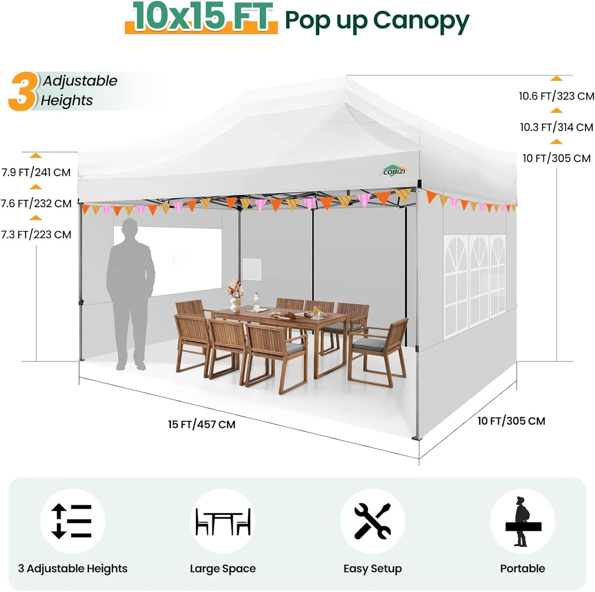 COBIZI 10x20 Heavy Duty Pop up Canopy Tent with 6 sidewalls Easy Up Commercial Outdoor Canopy Wedding Party Tents for Parties All Season Wind & Waterproof Gazebo with Roller Bag,Black(Frame Thickened)