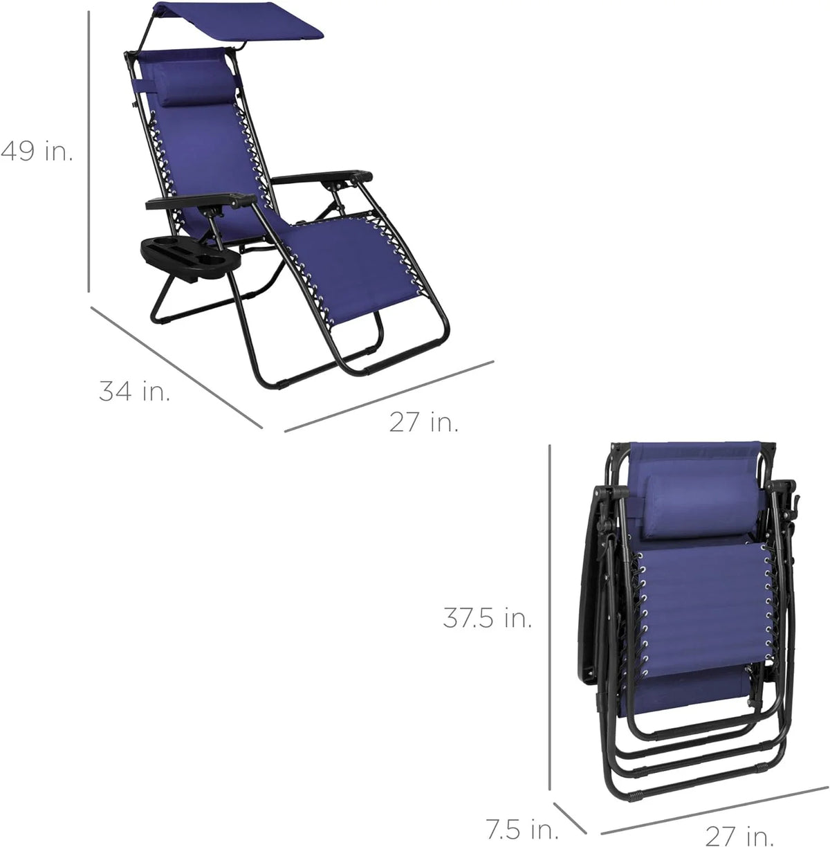 Best Choice Products Folding Zero Gravity Outdoor Recliner Patio Lounge Chair w/Adjustable Canopy Shade, Headrest, Side Accessory Tray, Textilene Mesh - Peacock Blue