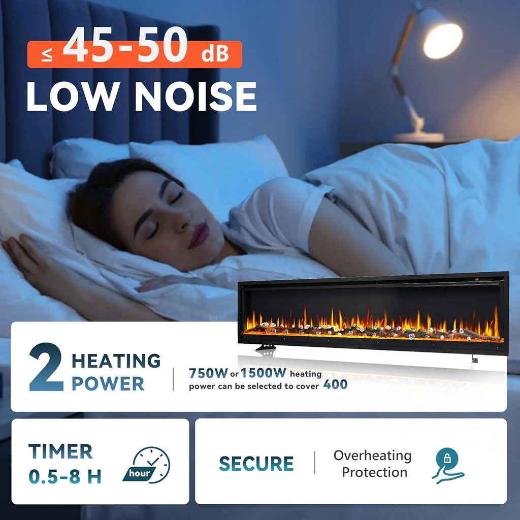 EUHOMY 50 Inch Electric Fireplace Wall Recessed and Wall Mounted with Adjustable Flame Color, Fireplace Heater with Remote Control, Linear Fireplace with Timer, Touch Screen, Log & Crystal, 750/1500W