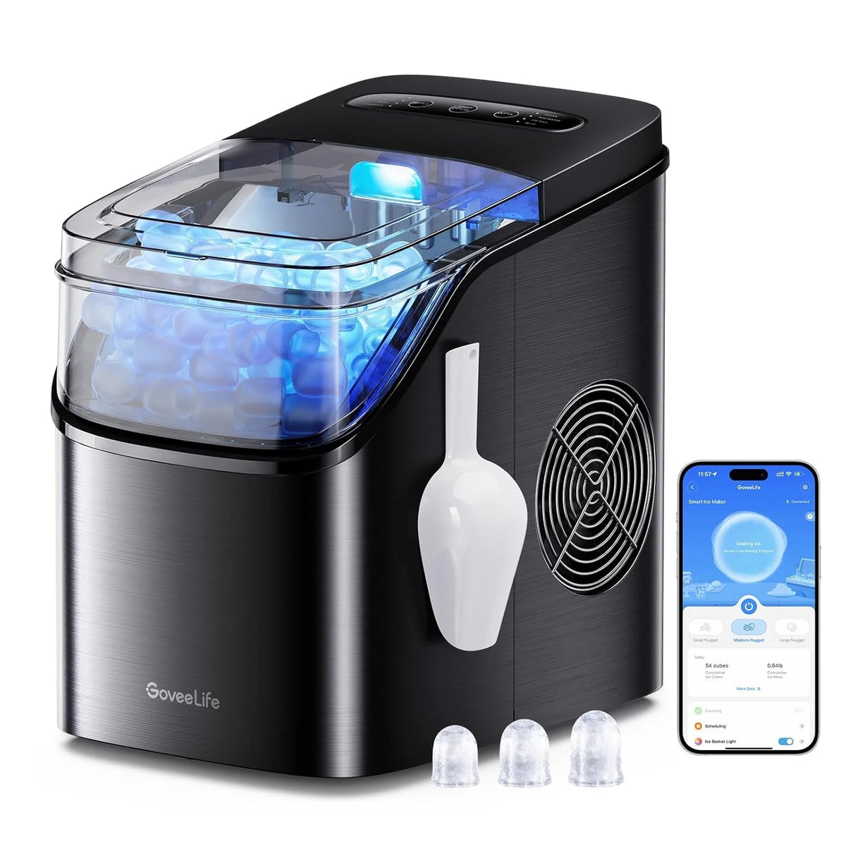 GoveeLife Smart Ice Maker Countertop, Portable Ice Machine with Voice Control, 9 Ice Cubes in 6 Minutes 3 Sizes, 26lbs/24Hrs, Self Cleaning RGB Lights, Quiet Ice Maker with Scoop for Kitchen Silver