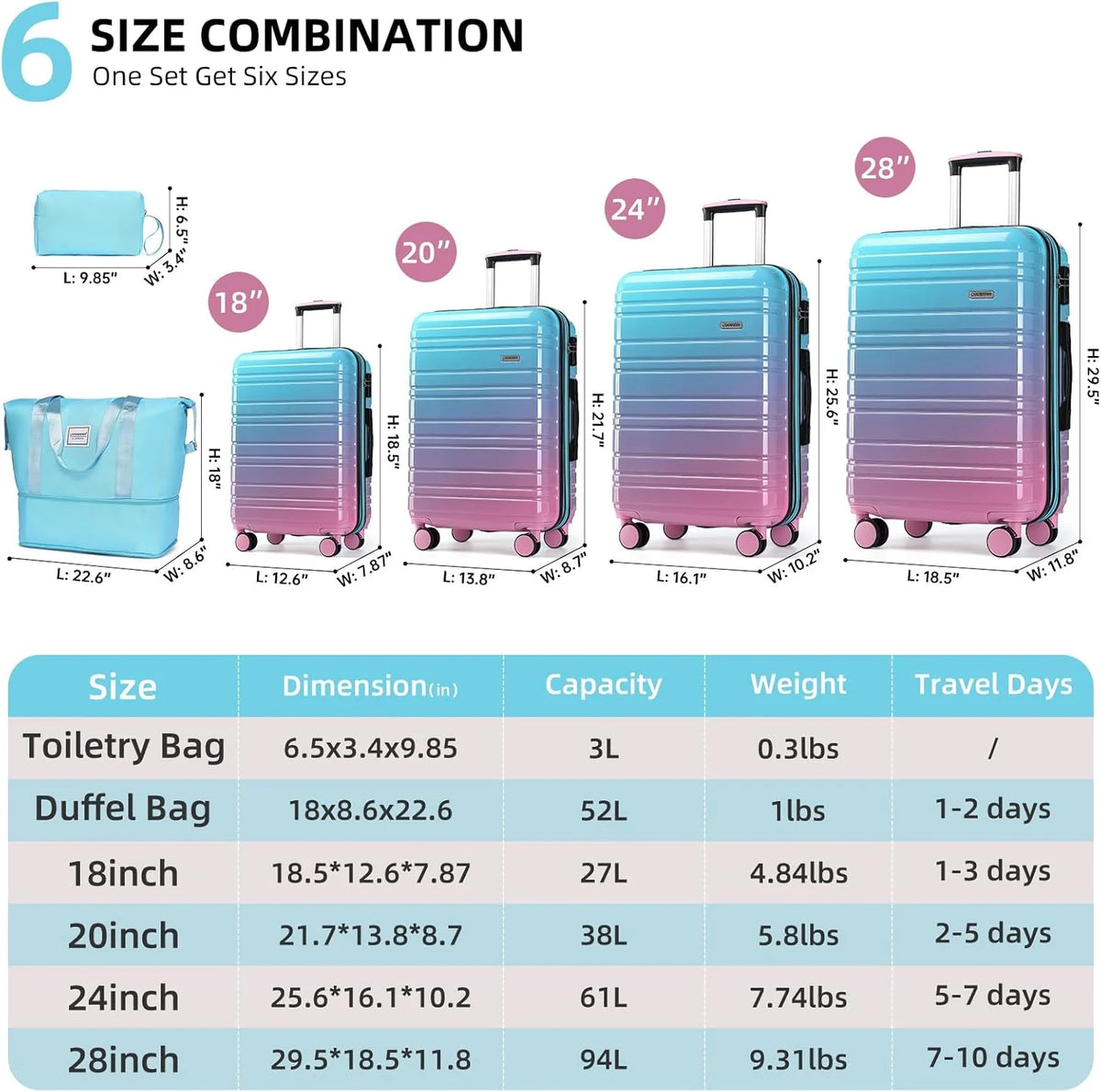 6-piece luggage set, expandable hardshell suitcase set with spinner wheels, lightweight rolling luggage set