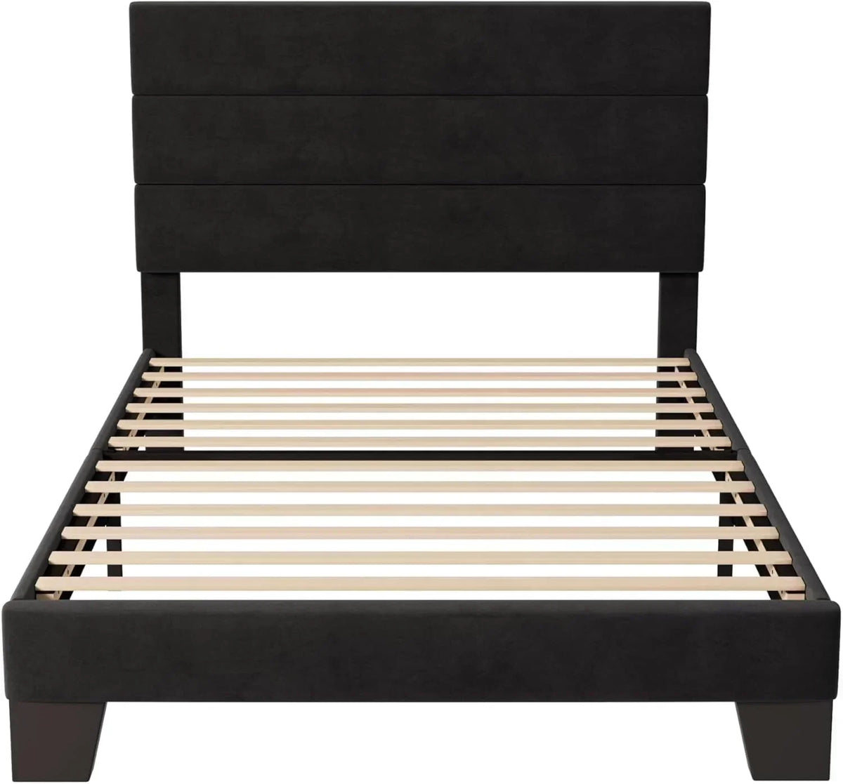 Allewie King size platform bed frame with velvet upholstered headboard and planks