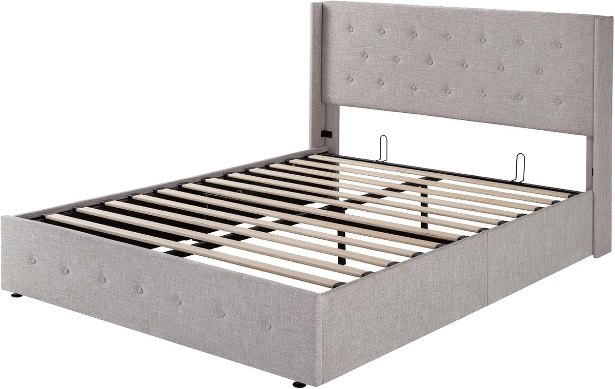 Allewie Queen Size Lift Up Storage Bed Modern Wingback Headboard Hydraulic Support