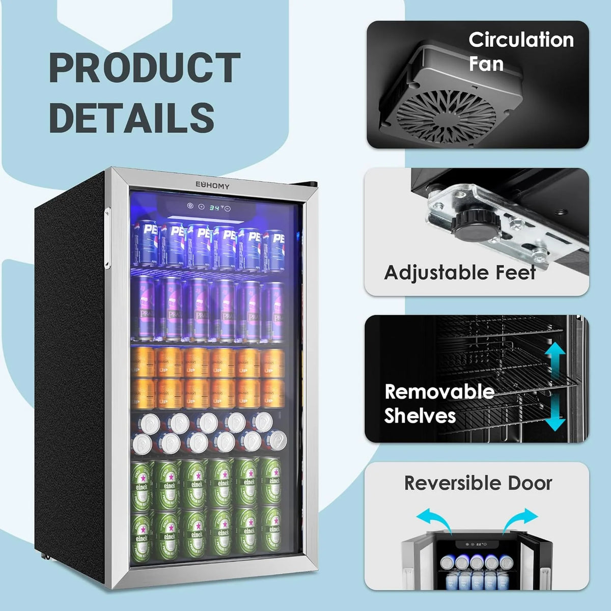 EUHOMY Beverage Refrigerator Cooler, 130 Can Mini Fridge with Glass Door for Soda Beer or Wine, Beverage Cooler for Home, Office, Bar with Adjustable Removable Shelves, Silver