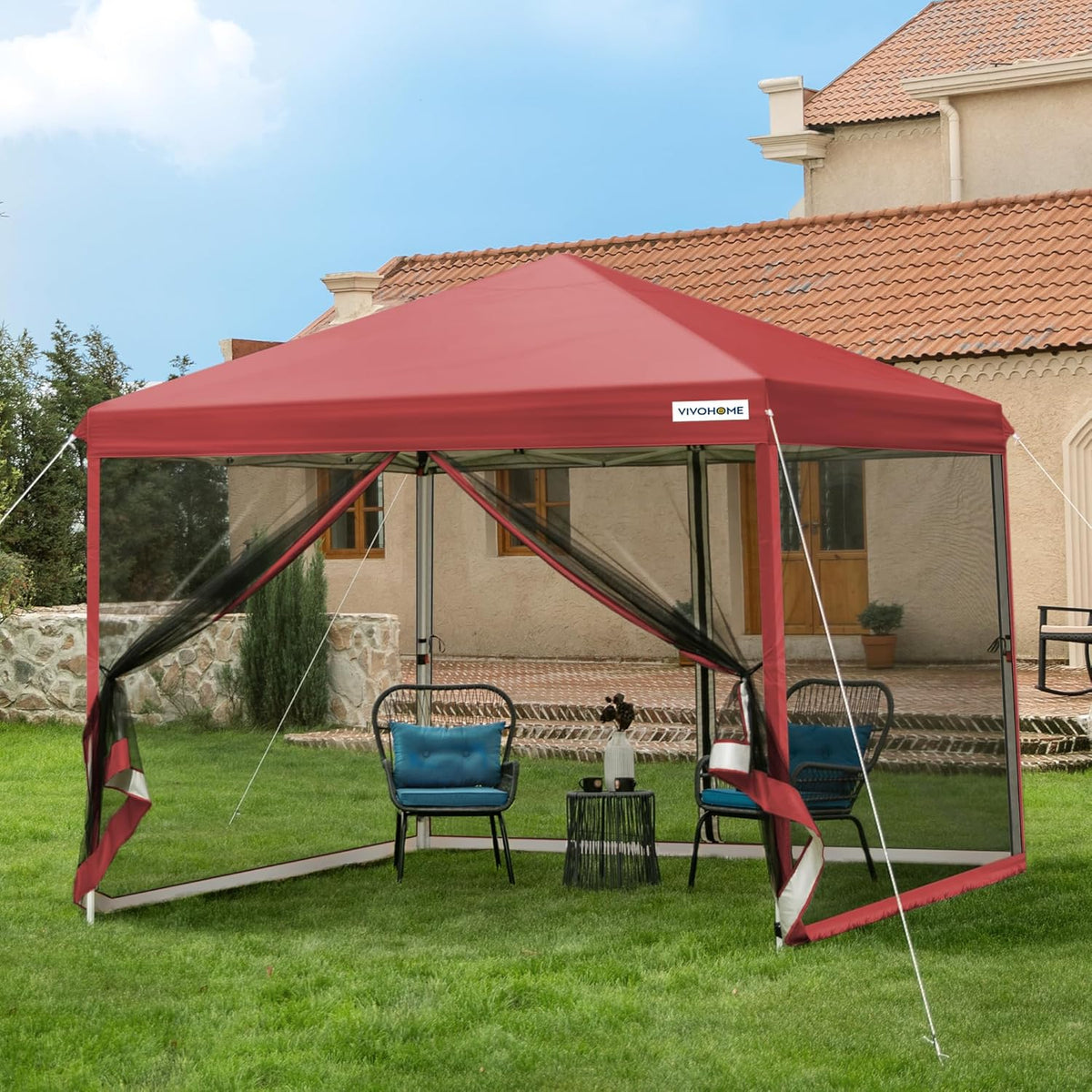 10x10ft Easy Pop-Up Canopy, Outdoor Screen Tent with Mosquito Netting, 2 Zipper Doors, and Roller Bag for Yard Camping Picnic Party Events, Beige