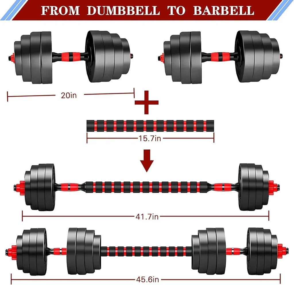 Adjustable dumbbell set, free weight dumbbell pair convertible into barbell