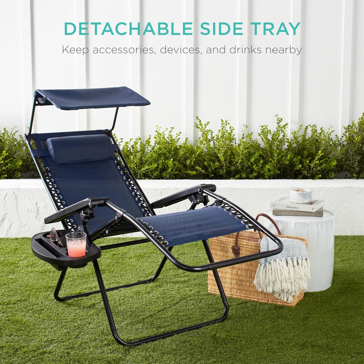 Best Choice Products Folding Zero Gravity Outdoor Recliner Patio Lounge Chair w/Adjustable Canopy Shade, Headrest, Side Accessory Tray, Textilene Mesh - Peacock Blue