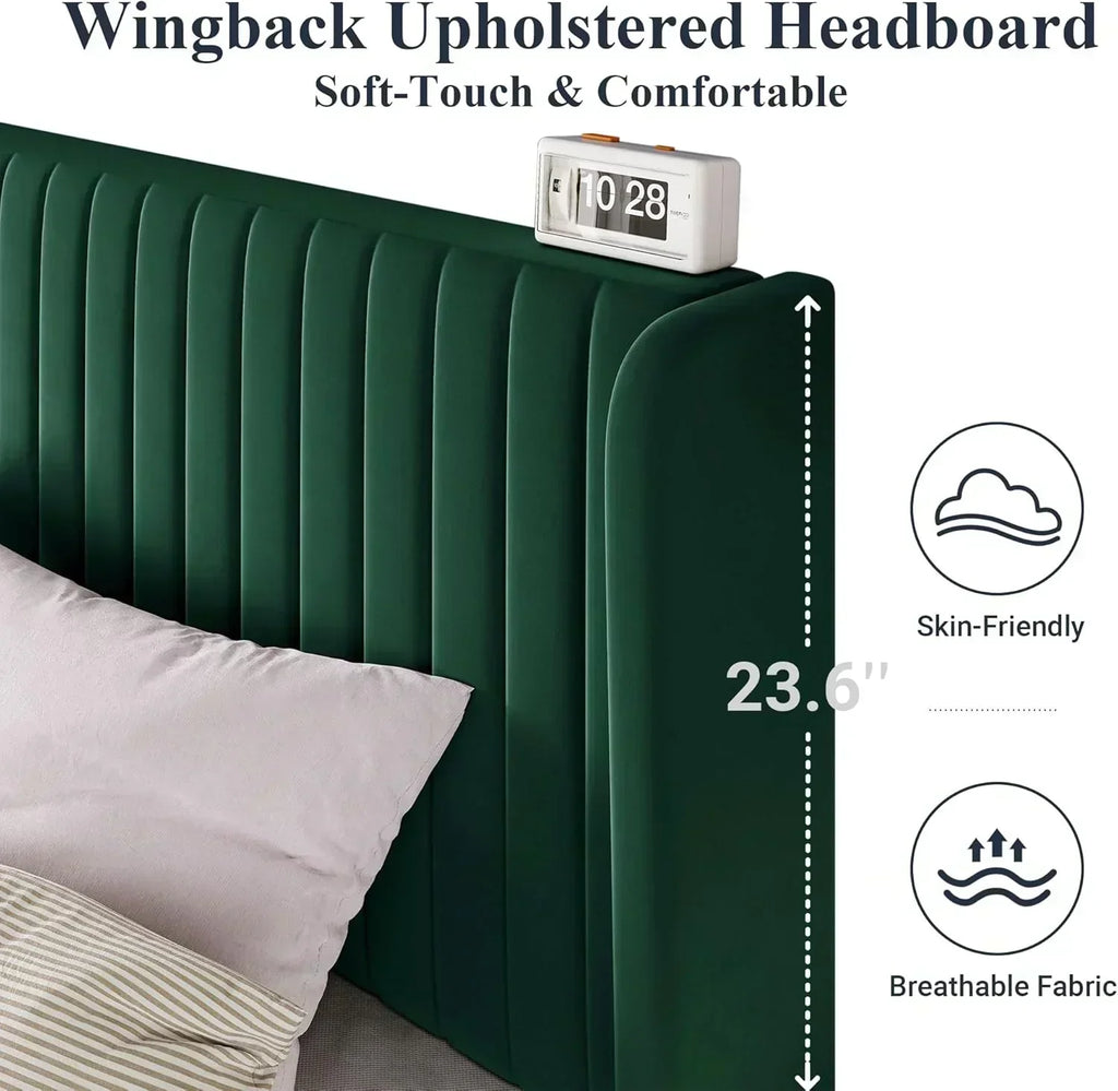 Allewie Full Size Velvet Bed Frame Vertical Channel Tufted Wingback Headboard Upholstered Bed