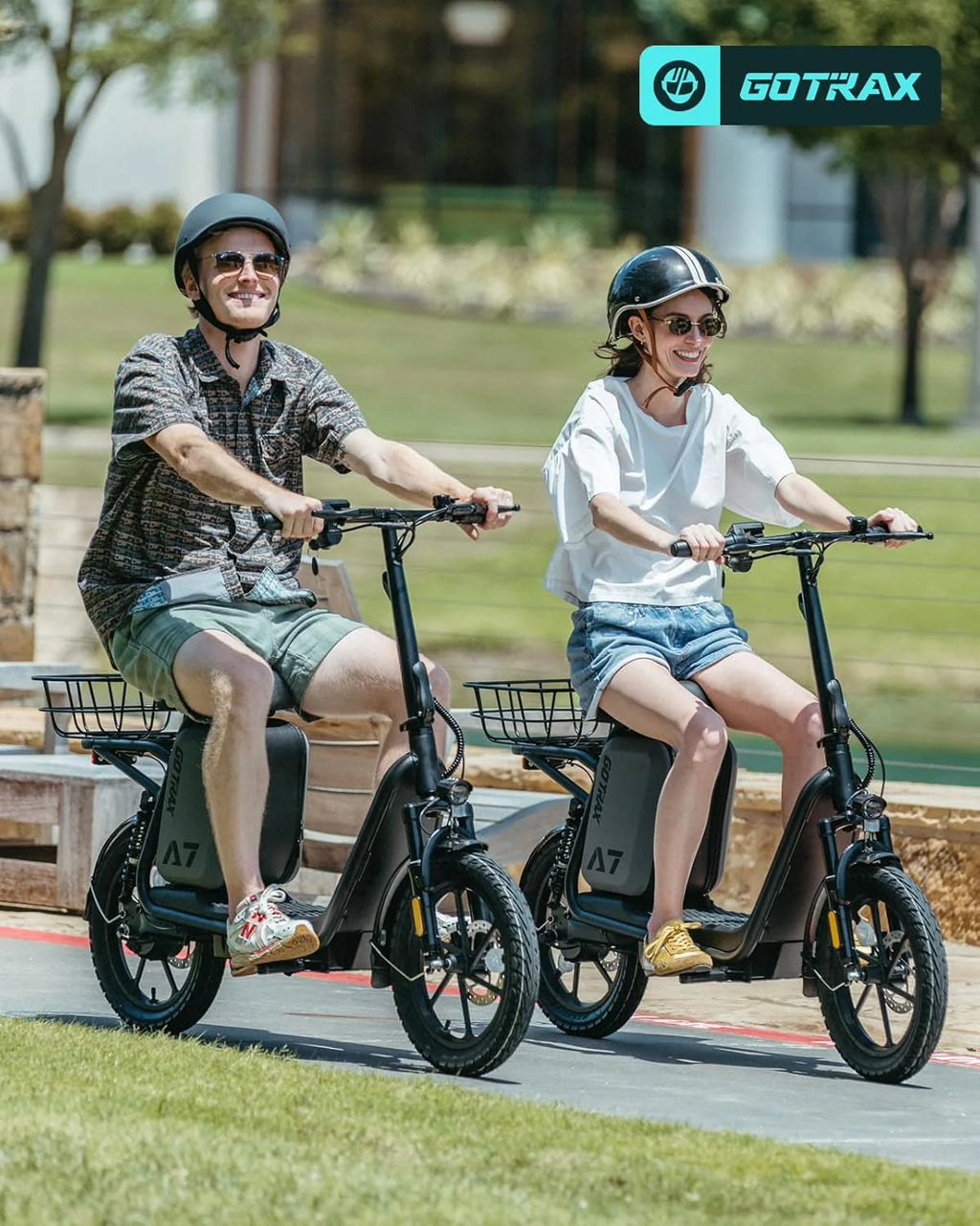 Gotrax adult electric scooter with seat, maximum range of 19-25 miles, all-terrain tires, wide pedals, padded seat, and carrycot