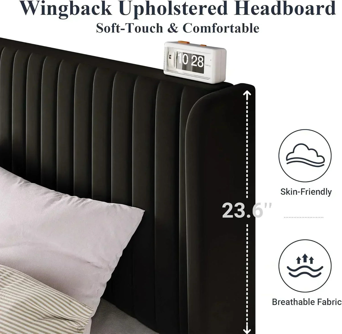 Allewie Full Size Velvet Bed Frame Vertical Channel Tufted Wingback Headboard Upholstered Bed