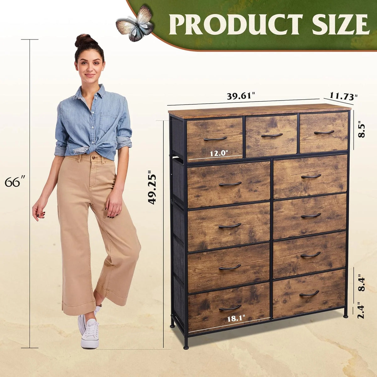 Storage Organizer Unit with 11 Fabric Bins, Storage Drawers Organizer with Steel Frame, Tall Storage Tower Organizaton