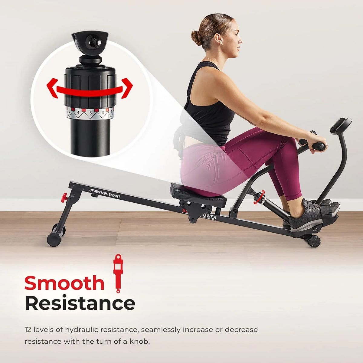 Sunny Health & Fitness Compact Adjustable Rowing Machine with 12 Levels of Resistance for Complete Body Workouts and Optional Free SunnyFit App Enhanced Connectivity