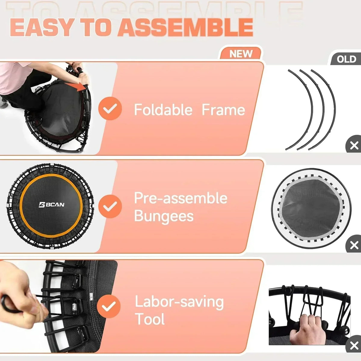BCAN 450/550 LBS Foldable Mini Trampoline Fitness Trampoline Bungees Adjustable Foam Handle