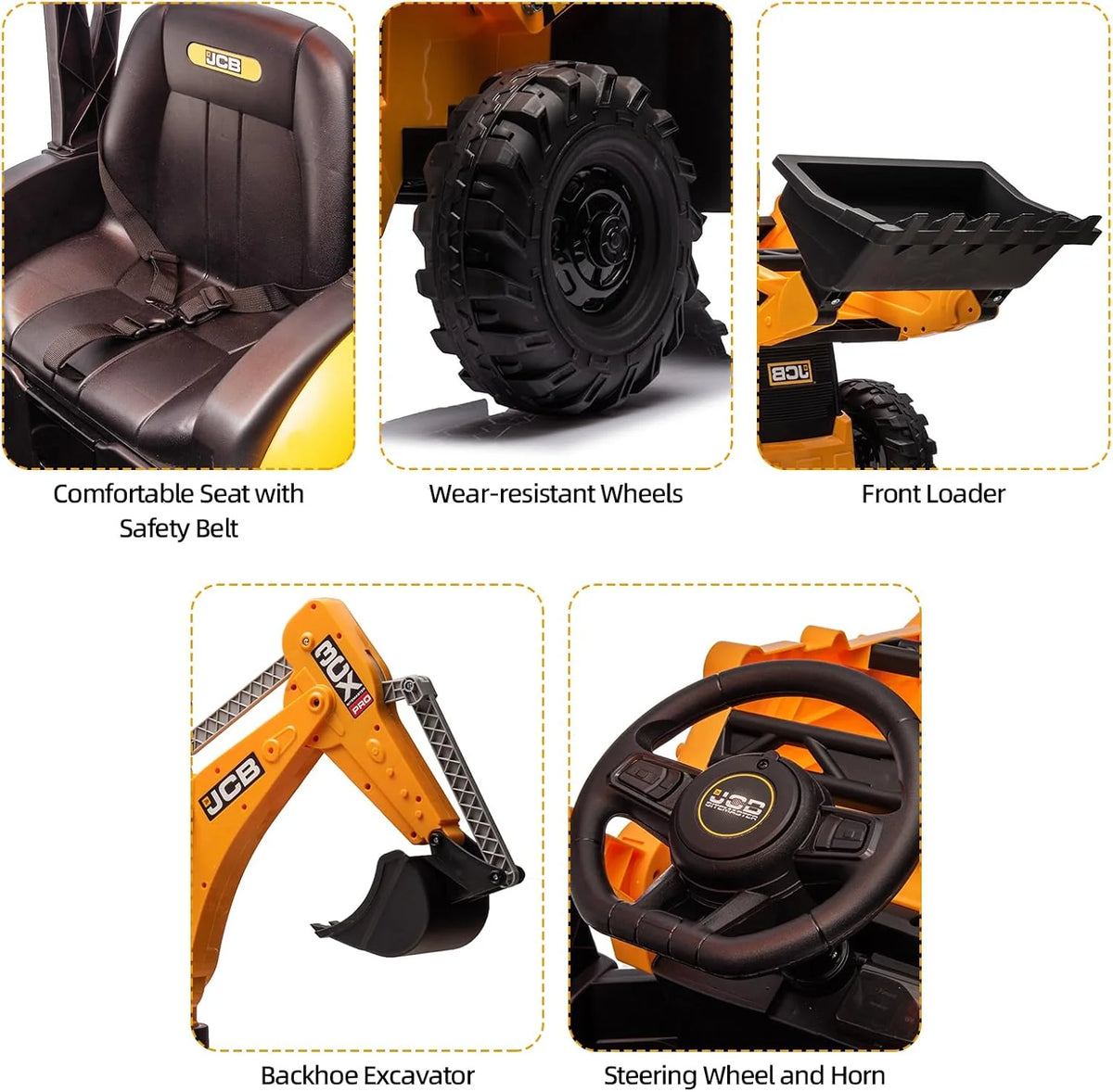 12V JCB Ride On Excavator, Ride on Toys for Kids 4-8, Electric Car for Kids with Tractor, Bulldozer, Digging Arm, Backhoe Toy Car with Slow Start/Stop, Adjustable Speeds