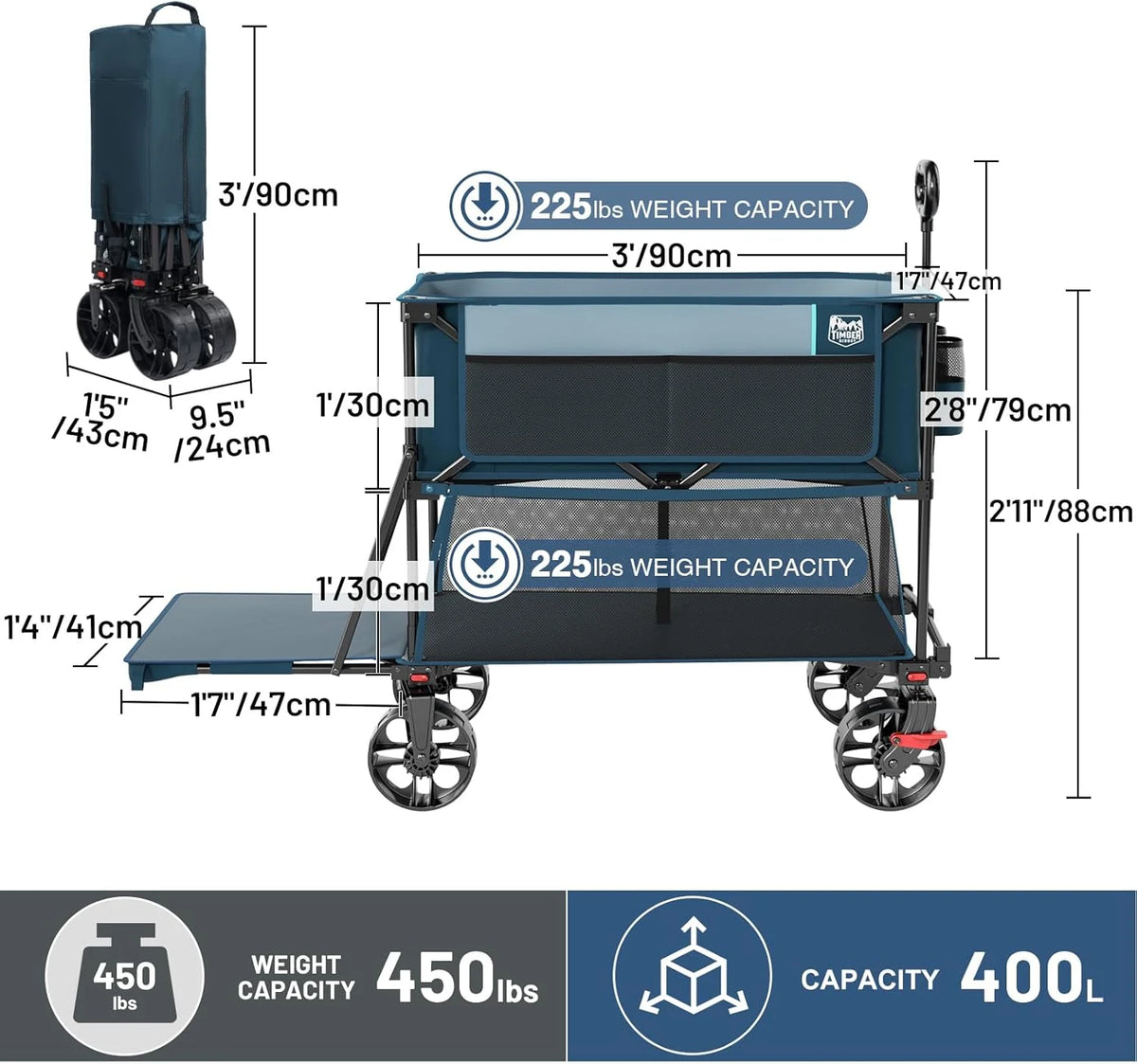 400L Large Capacity Folding Double Decker Cart with Brakes, 54 Inch Extra Long Extended Cart, 450 Pounds Heavy Duty Folding Cart