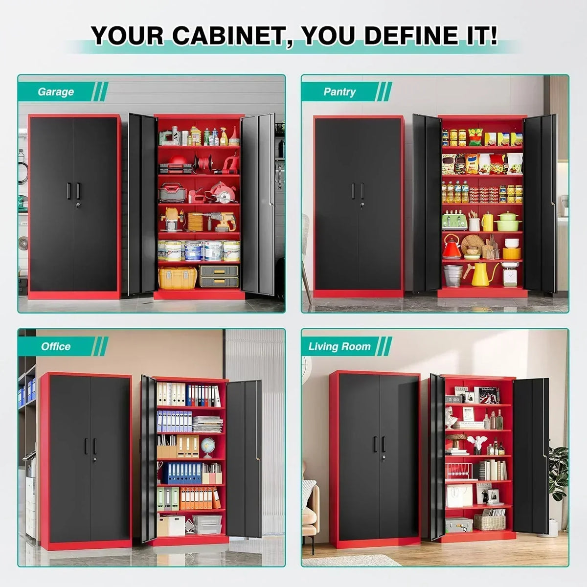 Metal Storage Cabinet with 2 Doors and 6 Shelves Black Metal Cabinet Garage Storage Cabinet