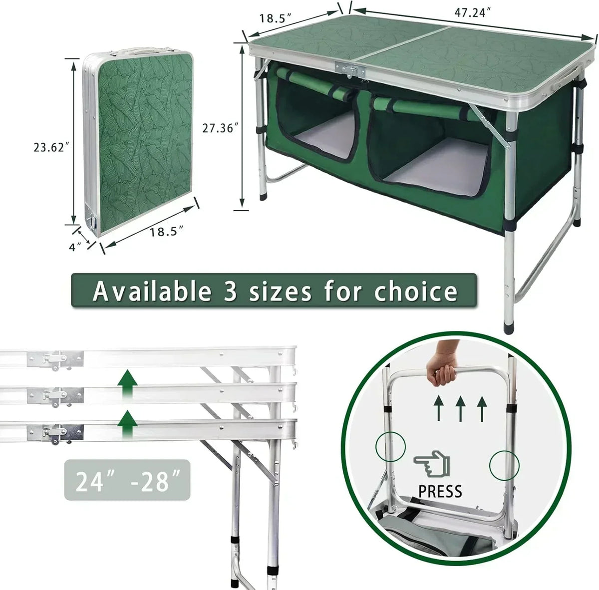Outdoor Folding Table Aluminum Lightweight Height Adjustable with Storage Organizer