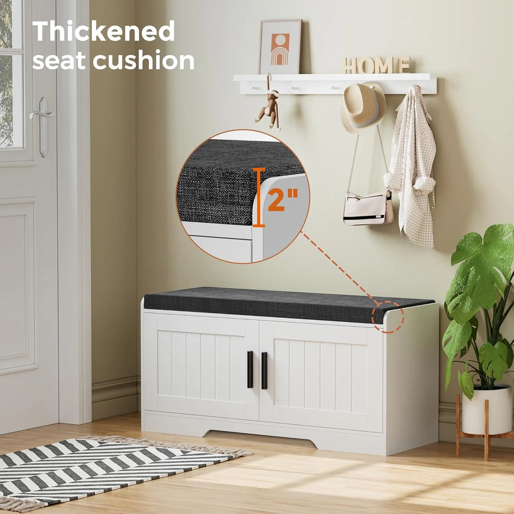2-Tier Storage Bench, Shoe Bench with Thickened Padded Seat Cushion, Entryway Bench with 4 Doors, Adjustable Shelf
