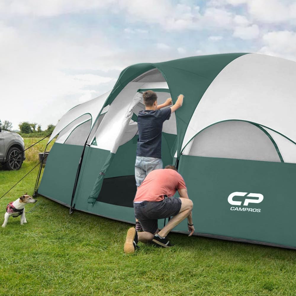 CAMPROS CP Tent 8 Person Camping Tents, Weather Resistant Family Tent, 5 Large Mesh Windows, Double Layer, Divided Curtain for Separated Room, Portable with Carry Bag