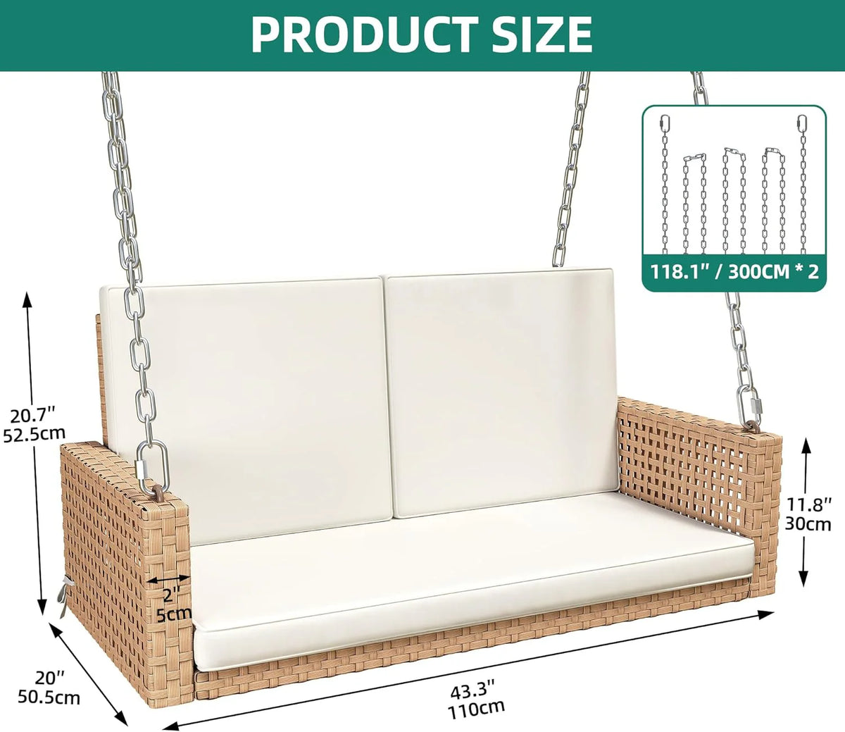 YITAHOME Hanging Porch Swing Chair Sits 3 People, Wicker Outdoor Swing Bench, Patio Lounge Chair, 1 Seating Cushion and 3 Back Cushions, w/Removable Covers, for Garden, Balcony, Backyard, Brown