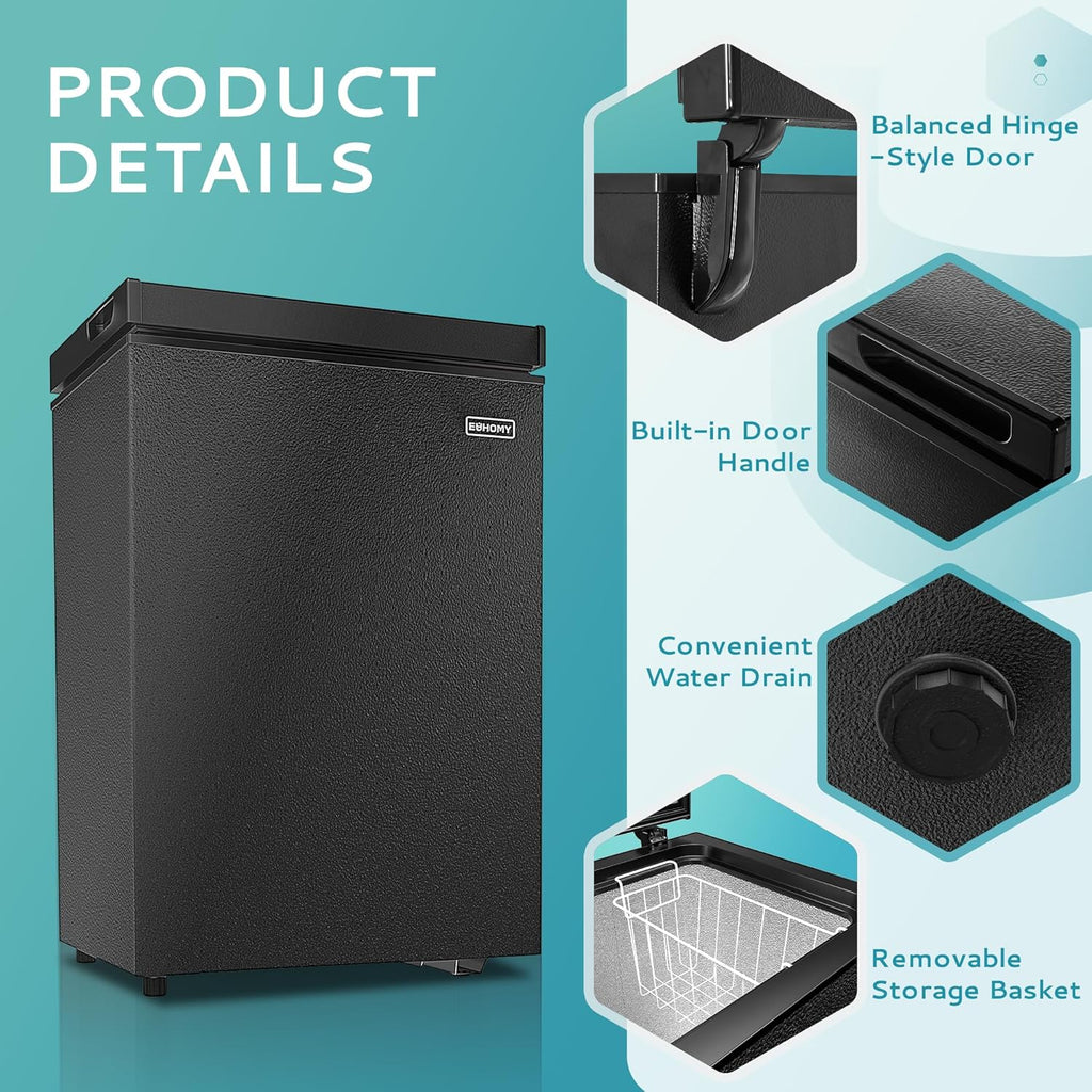 EUHOMY 3.5 Cu.Ft Chest Freezer with Removable Basket, Small Deep Freezer Adjustable 7 Thermostat, Quiet Mini Freezer Free-Standing Top Door, Energy Saving for Apartment/Garage/Basement/Dorm/Home,Black