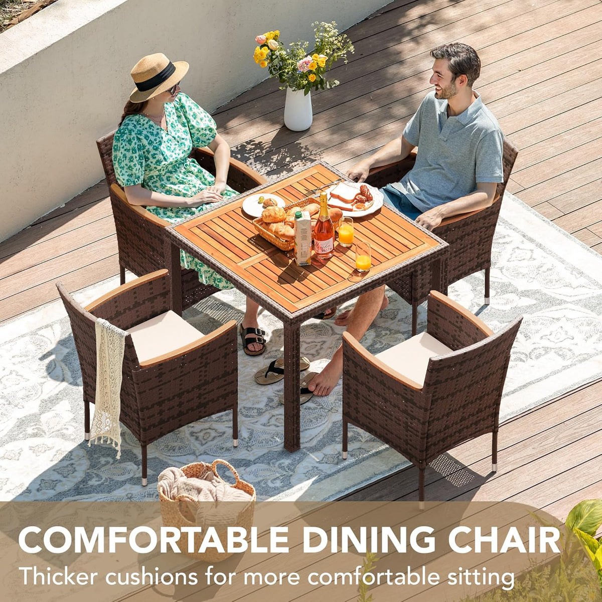Devoko Dining 7 PCS Furniture Patio Conversation Set with Acacia Wood Table Top Rattan Outdoor