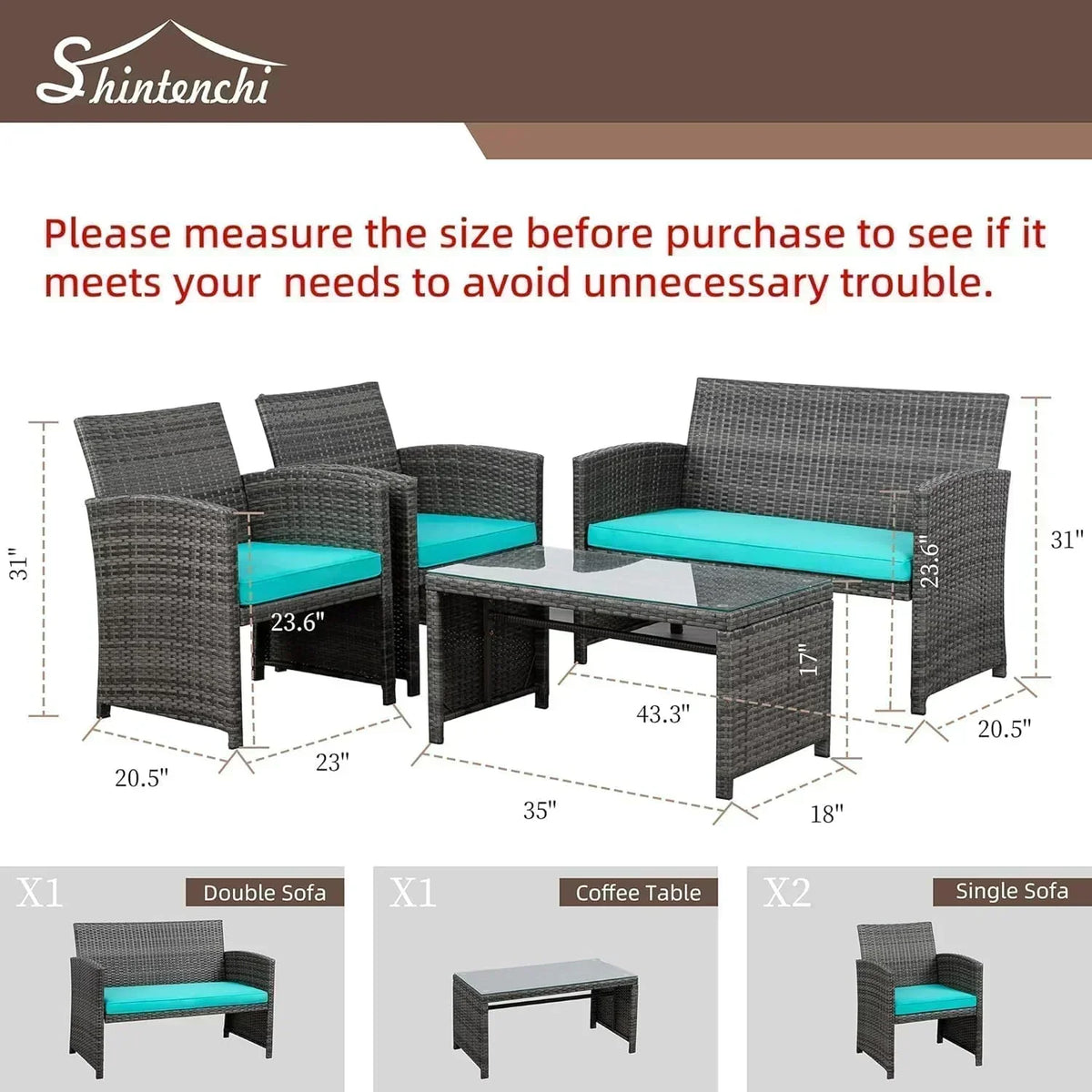 Shintenchi 4 Piece Patio Ratten Set Outdoor Furniture Set Wicker Conversation Set