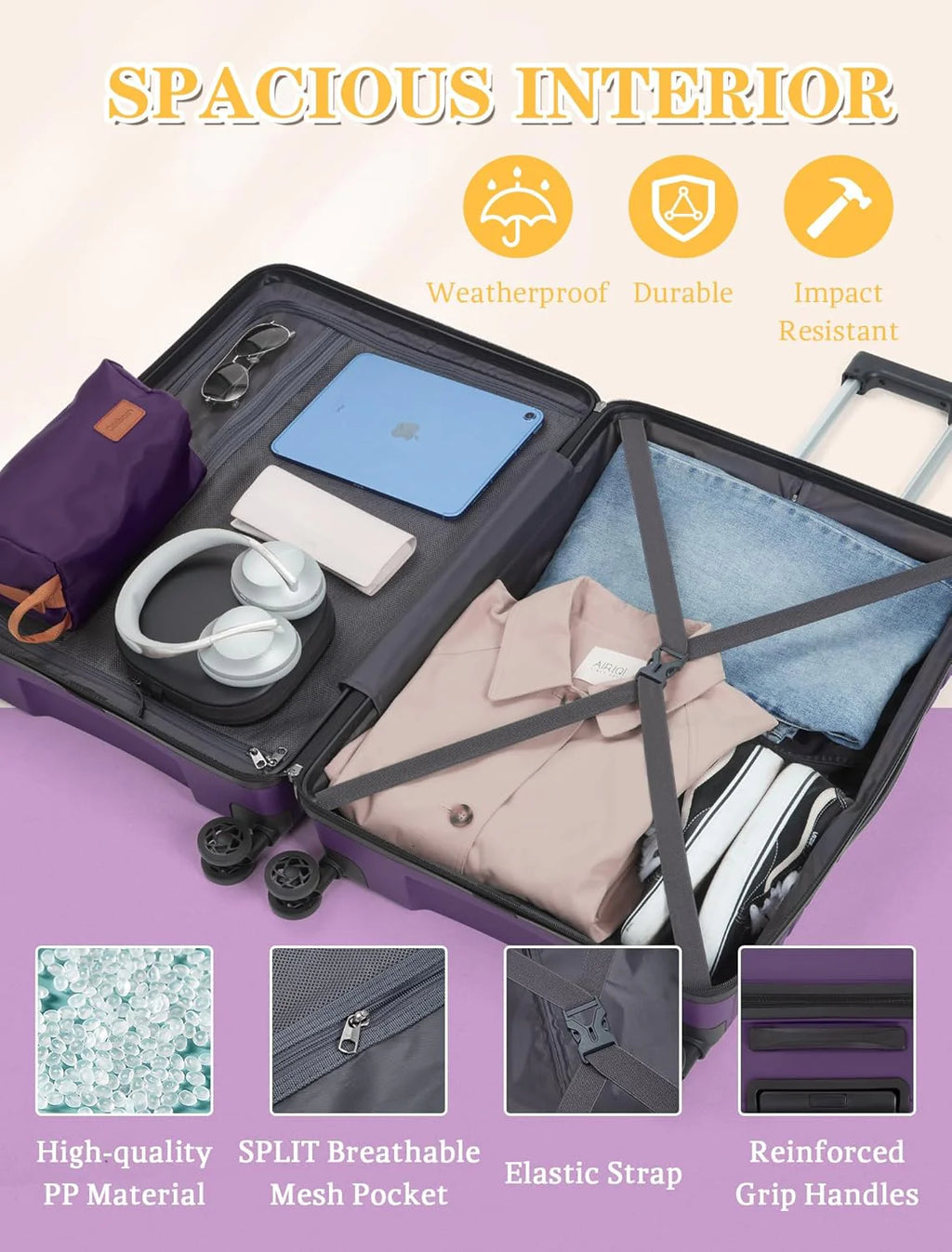 5-piece luggage set with wheels, ABS hardshell suitcase with spinner wheels