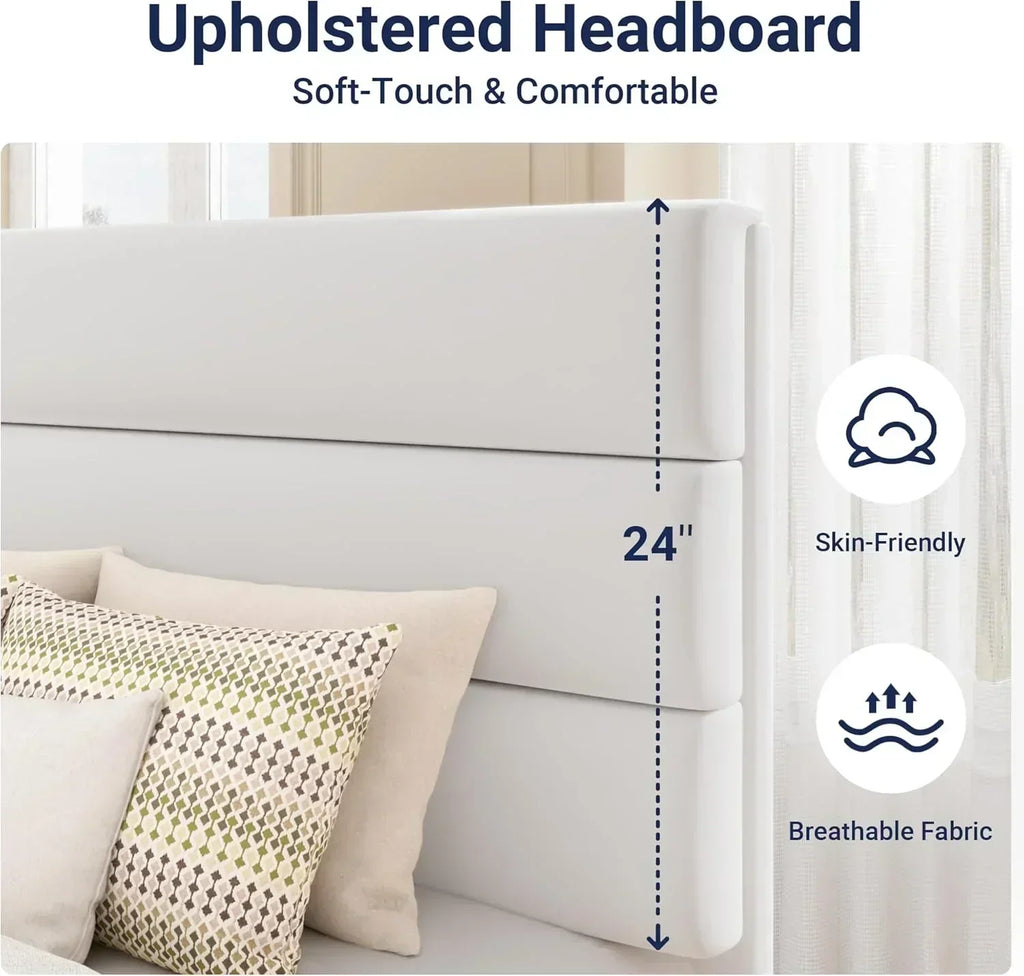Allewie Queen Size Platform Bed Frame with Fabric Upholstered Headboard Wooden Slats Support