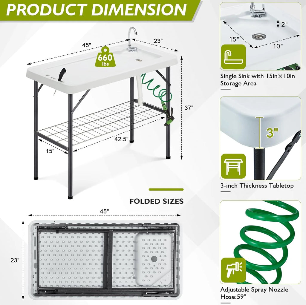 Folding Fish Cleaning Table Portable Camping Sink Table with Faucet Drain Hose and Sprayer Outdoor Fish Fillet Cleaning Station