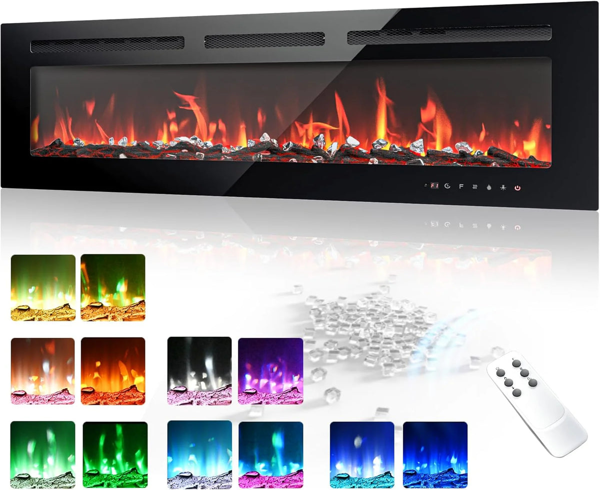 EUHOMY 50 Inch Electric Fireplace Wall Recessed and Wall Mounted with Adjustable Flame Color, Fireplace Heater with Remote Control, Linear Fireplace with Timer, Touch Screen, Log & Crystal, 750/1500W
