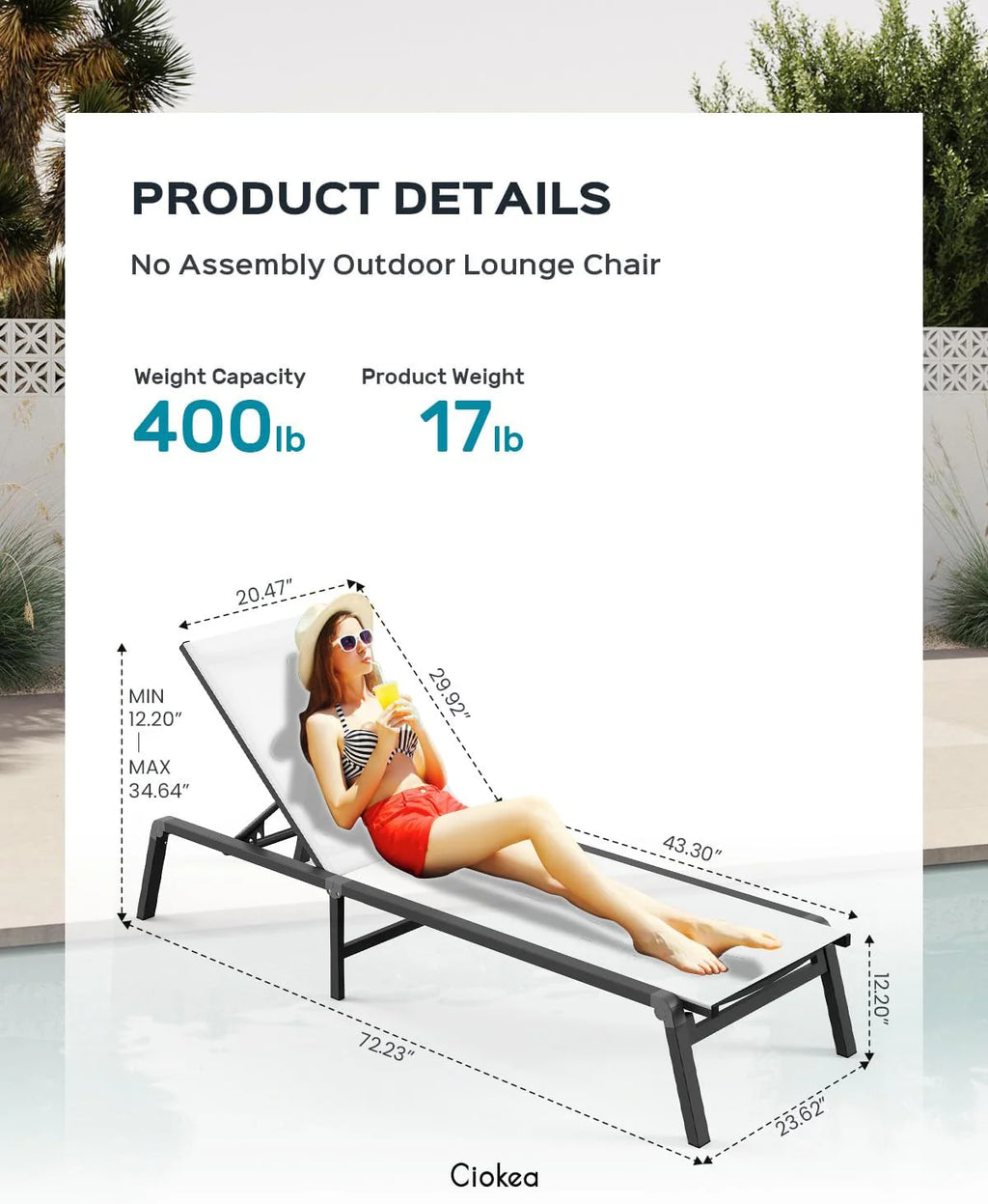 Aluminum Chaise Lounge Ourdoor - Foldable & Assemble Free Outdoor Lounge Chair with 5 Adjustable Backrest, Patio Lounge Chair for Outside Poolside Beach Pool, Black