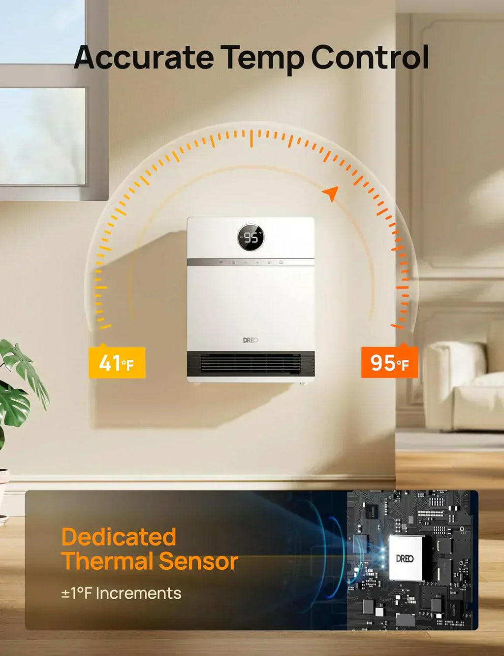 Smart wall-mounted heater for indoor use with adjustable thermostat and remote control